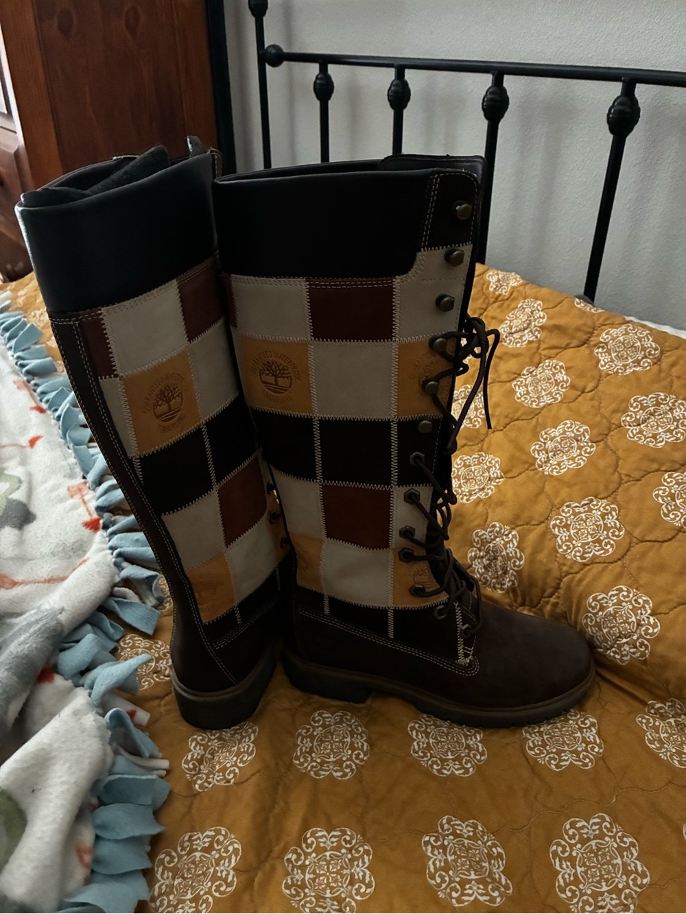 Timberland Women's Patchwork Tall Lace-Up Boots in Brown, Tan, Cream